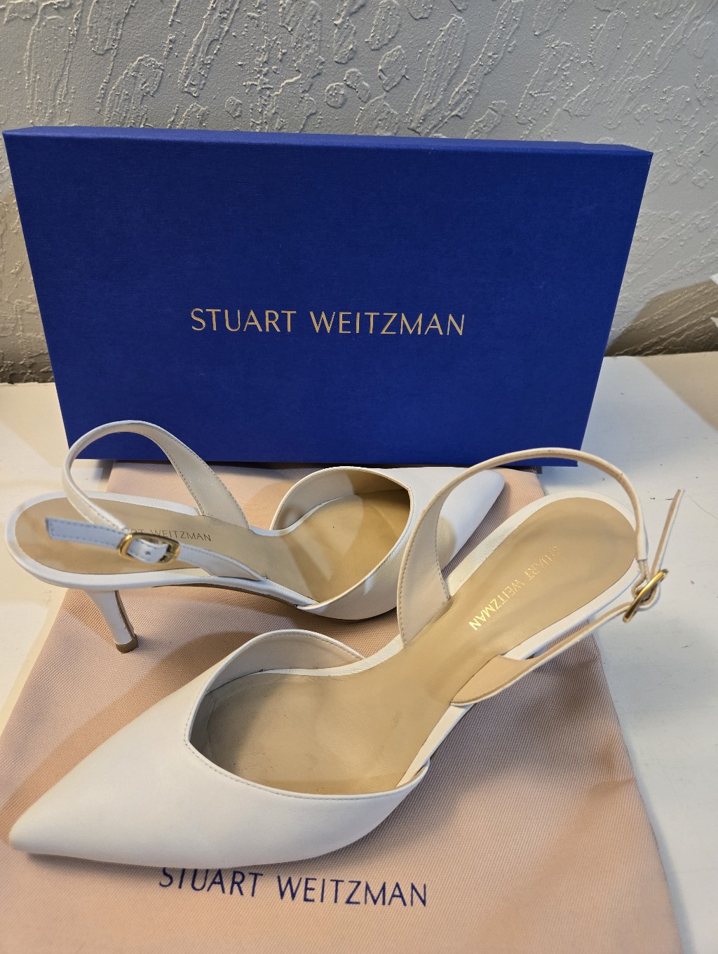 Stuart Weitzman Cherie 45 White Pointed-Toe Slingback Heels Sz. 9